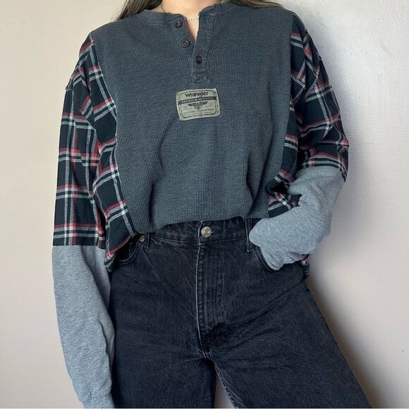Reworked Vintage Wrangler Long Sleeve Henley Plaid Flannel Western Shirt Top - Picture 2 of 5